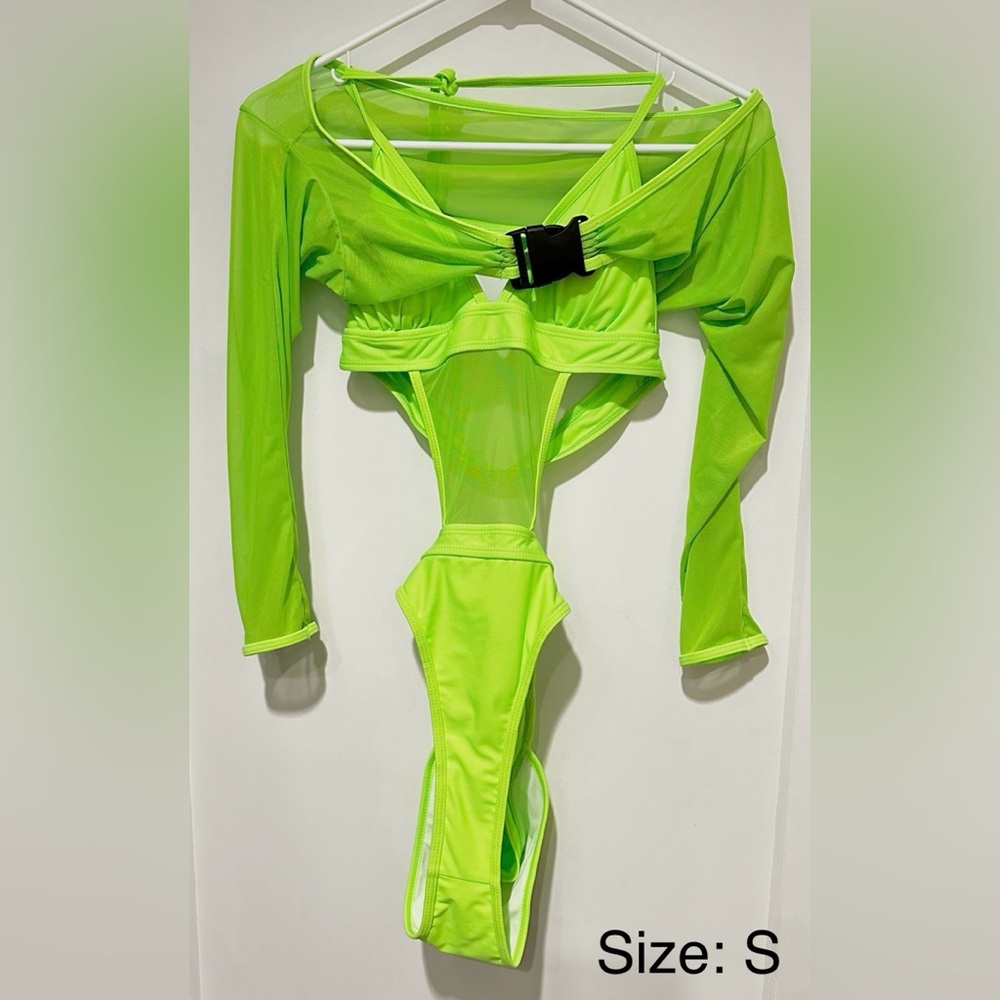 Festival Neon Green Bodysuit Swimsuit Mesh Buckle Shrug Crop Top Party 2 Pcs Set